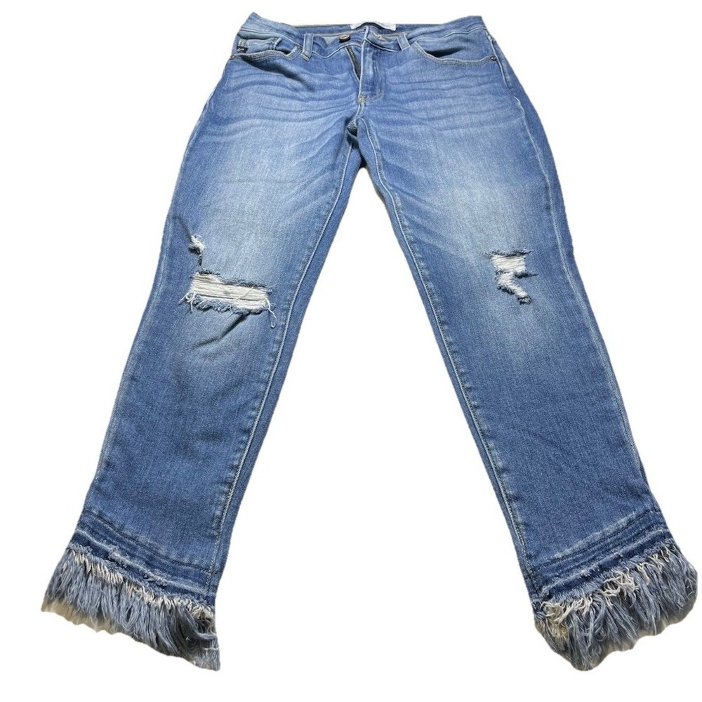 Kancan Ankle Jeans Womens 28 Medium Wash Distressed Raw Hem Frayed Denim
